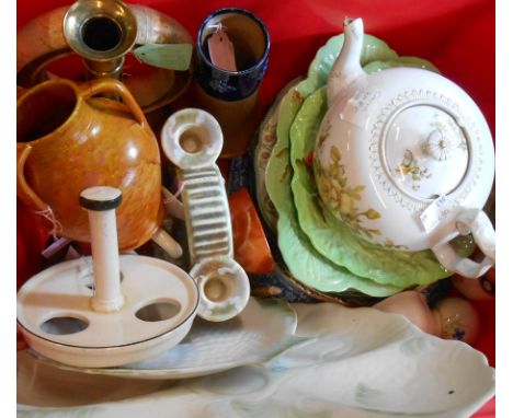 A crate containing assorted ceramic and other items including Shorter fish dishes, Royal Doulton Countess pattern plates, Dic