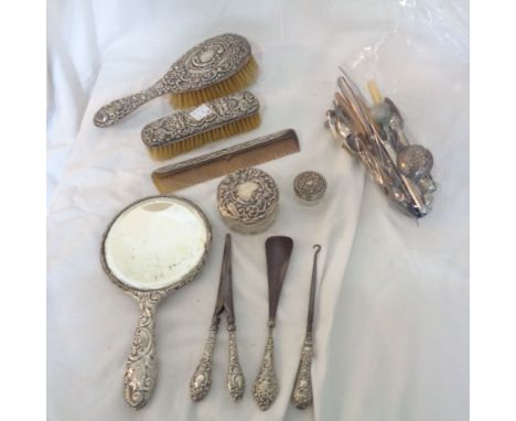 Various silver topped and mounted dressing table items including hand mirror, brushes and pots - sold with a small quantity o