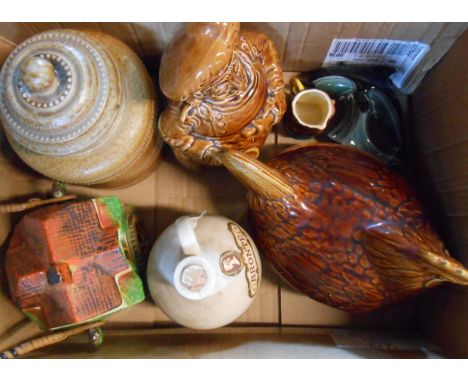 A box containing assorted ceramics including Poole pottery salt glazed stoneware jug, etc.