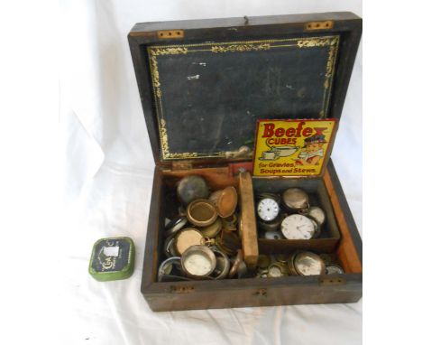 A damaged Victorian writing slope containing a quantity of antique silver and other pocket watch cases and part watches, etc.