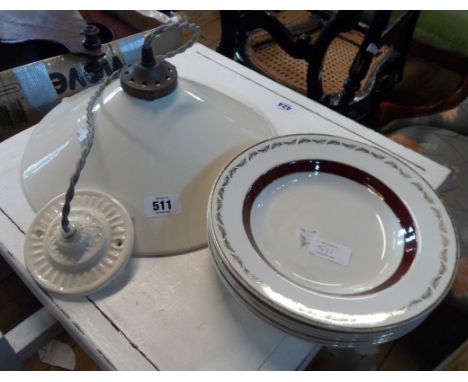 A modern hanging ceiling lamp with pottery funnel shape shade (cracked) and ceiling rose - sold with a set of six soup bowls