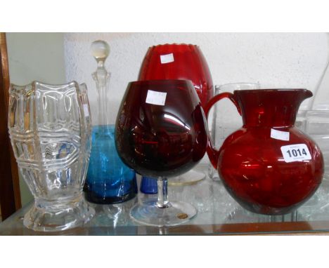 A selection of assorted glassware including ruby glass jug and brandy balloons, Edwardian acid etched lemonade jug, decanter,