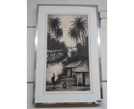 M. Rukasa: a metal framed monochrome painting, depicting an African waterside scene with buildings, figures and boat in dista