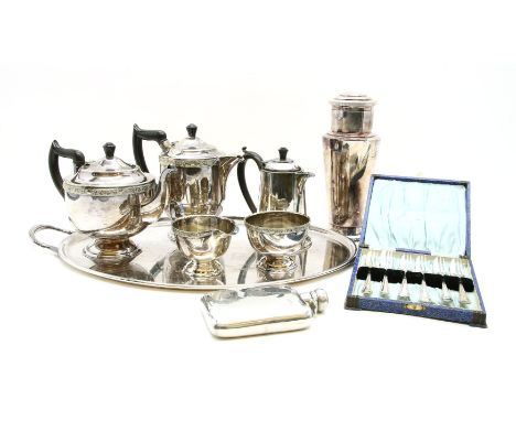 A collection of silver plated items, to include a Viners four piece tea service, a hot water jug, an Elkington tray, cased pa