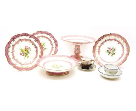 A Victorian porcelain dessert set, having hand painted floral centres within a pink and gilt border, together with a Royal Wo