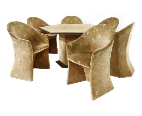 A Pierre Cardin Art Deco-style table and six chairs, 1970s, all upholstered in carpet cut with palmette designs, table 119cm 