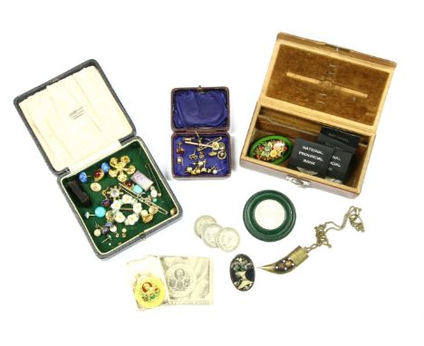 A collection of costume jewellery and coins, to include a gilt metal saphiret set pendant to a black onyx surround, a smokey 