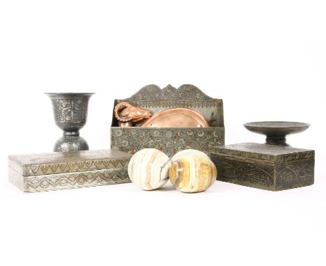 A Bidriware spittoon and candlestick, together with a similar etched letter rack, two middle eastern trinket boxes and a copp