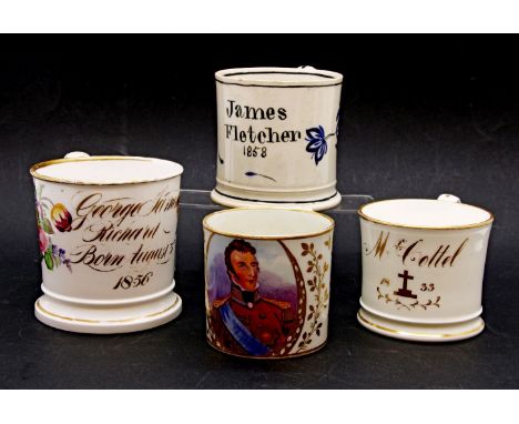 Four 19th century china mugs: one painted with a portrait of the Duke Wellington, one inscribed 'James Fletcher 1858' ' one M