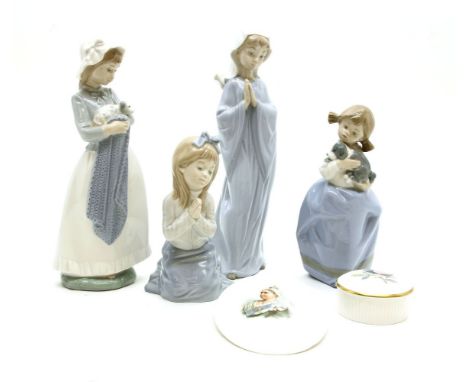 A collection of ceramics, to include fifteen Nao figures, Wedgwood Jasperware, a Doulton plaque of Queen Victoria, and simila