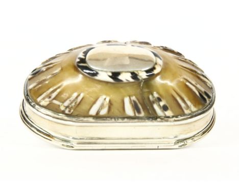 A George III silver mounted muscle shell snuff box, the shell body with figured decoration, length 6.5cm