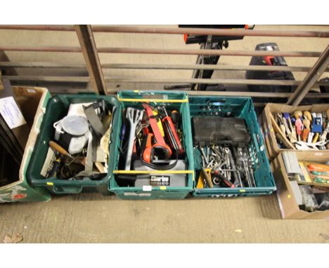 Three crates of various tools, comprising various spanners, a Stanley socket set in fitted plastic case, caulk gun, ear defen