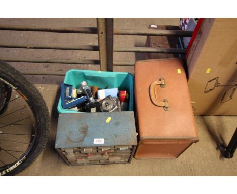 A Raaco storage chest for screws, fixings, tacks and a box containing various tools; to include torch, tape measure and a sma