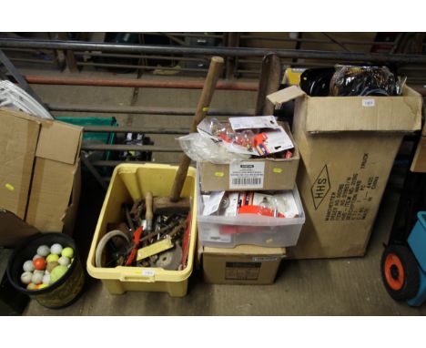 A box containing various tools; to include wooden handled sledge hammer, grinding disc, clamps and three boxes of various Sta