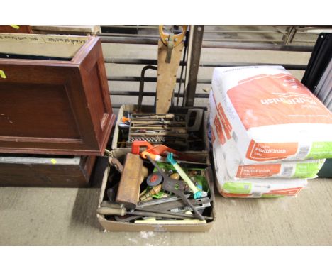 Two boxes of various tools; to including moulding planes, hand saw, hammers, bow saws etc. 