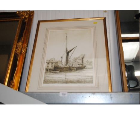 Andrew Kirkpatrick pencil signed etching of river barges at Snape