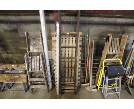 A single wooden ladder, various wooden shelf racks and a black out roller blind (59inches wide)