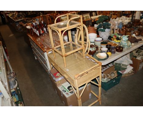 A bamboo and wicker two drawer dressing table and a matching bedside shelf