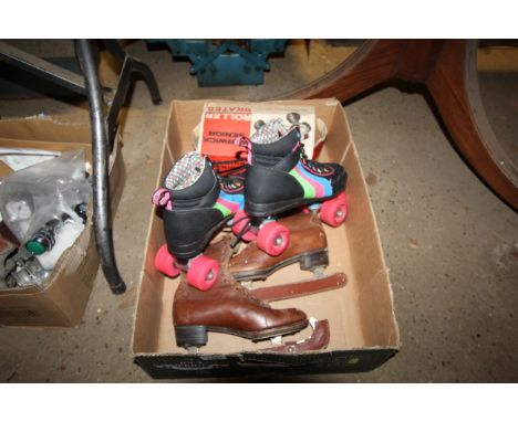 A box containing a pair of roller skates (size UK6); a pair of Warwick Senior tie on roller skates with original box and a pa