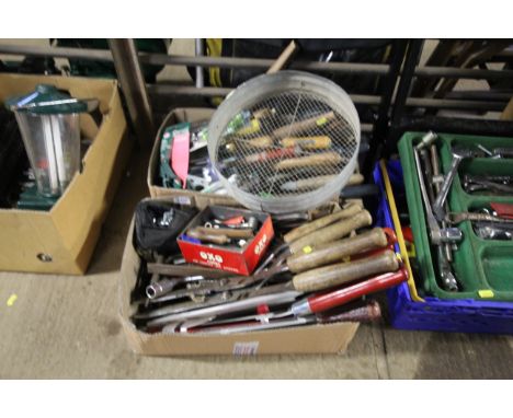Two boxes containing various tools; to include garden shears, Allan keys, garden sieve, digging fork, weeding tool etc.