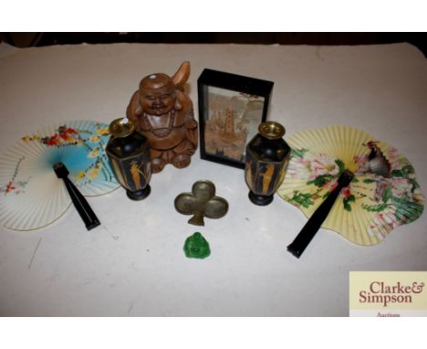 A Chinese jade Buddha; various other Chinese items and a pair of Niello work vases 