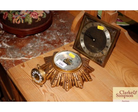 A Sunburst barometer, a Strut clock and small alarm clock