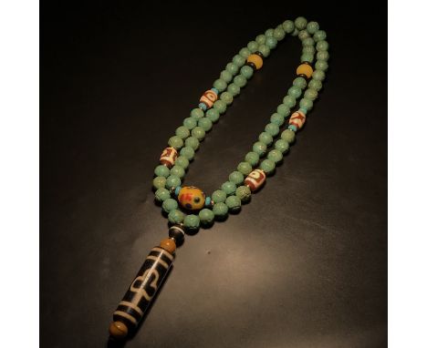 Old turquoise with large hole old agate bodhi dzi beads rosary necklace hand-held.Bodhi Dzi: 14*48mm Meaning: Bodhi leaf Dzi 