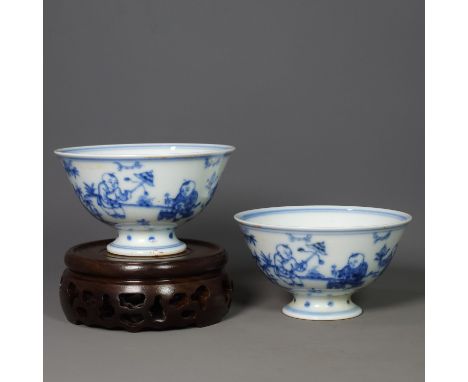 A pair of Ming Dynasty style high-footed cups with children playing in the Chenghua period.Fine workmanship, thick patina, so