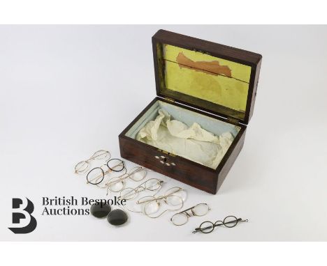 Box of vintage wire spectacles, including Highway, H Co, 20/10 Adjuster, amongst others housed in a mahogany box, great as th