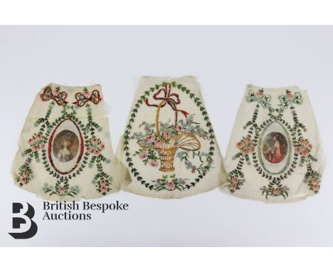 Three 19th century painted impressions on gauze, these may be samples for hand bags, resembles ribbon-work but it is actually