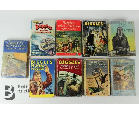 9 Biggles first editions by W.E. Johns in dust jackets; Biggles and The Poor Rich Boy 1st edition 1961, Biggles Takes a Holid