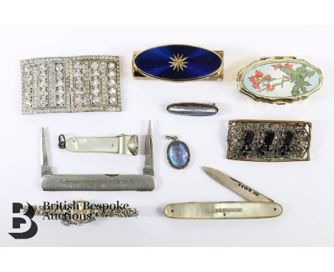 Miscellaneous costume jewellery and collectibles, including silver and mother of pearl pen knife, vintage Stratton lipstick h