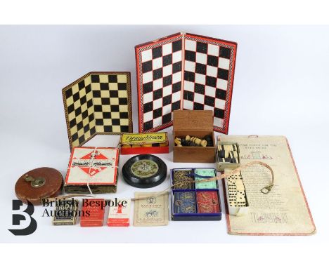 Quantity of vintage toys, including two bagatelle boards, The Royal Game of Bezique, No 432 Eclipse Playing Cards, Draughtmen