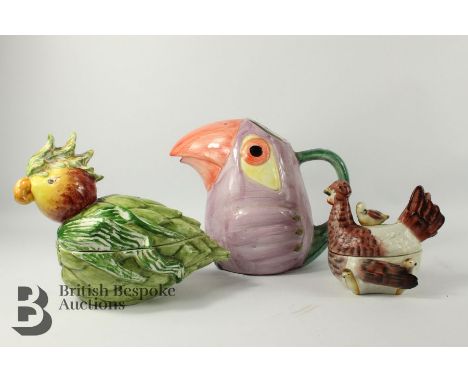 Miscellaneous ceramics, including a water jug in the form of a parrot approx 26 cms h, ceramic pot and cover in the form of a