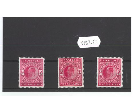 Three KEDVII Carmine 5/- Stamps, light mounted mint, in fine condition, good centring and perfs.