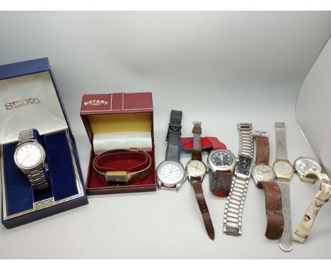 A collection of wristwatches including Seiko, and other manual wind and quartz examples