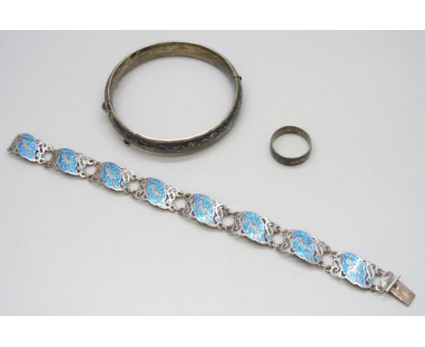 Three pieces of enamelled Siam silver jewellery - a bangle, bracelet and ring, 34g