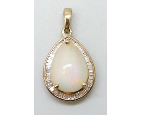 A 9ct gold, diamond and opal pendant, 2.5g, 2.4cm including bale