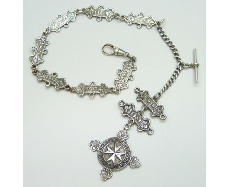 A St John Ambulance watch Albert chain, 46g total, 41cm, plated dog clip and plated links, two end links and fob marked as si