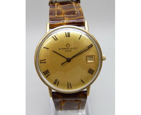 An Eterna-Matic 3000 wristwatch with date aperture, inscription to case back, 35mm including crown