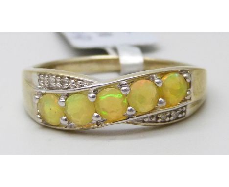 A Gemporia silver gilt Ethiopian opal and diamond ring, U/V