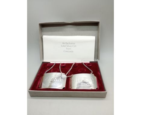 Concorde; An Exclusive Solid Silver Gift, two sterling silver decanter labels, 29g, boxed