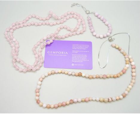 Two Gemporia certificated necklaces and a bracelet - rose quartz, Peruvian pink opal and Kashmir kunzite