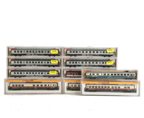 Fleischmann and Arnold N Gauge Continental Coaches, Fleischmann  DB  silver coaches 8122 3) and 8121 (2), 8193 Quick-Pick blu