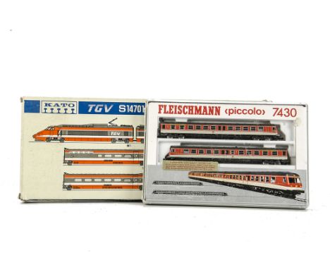 Fleischmann and Kato N Gauge Train Packs, Fleischmann 7430 DB grey and orange 2 Car Railcar 614 044-6 and Kato S14701 TGV 6-C