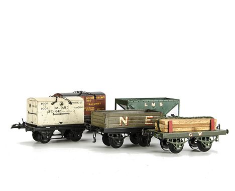 A Group of Hornby OAG and other Wagons, comprising OAG LMS hopper, NE open and GW lumber with load, together with a later SR 
