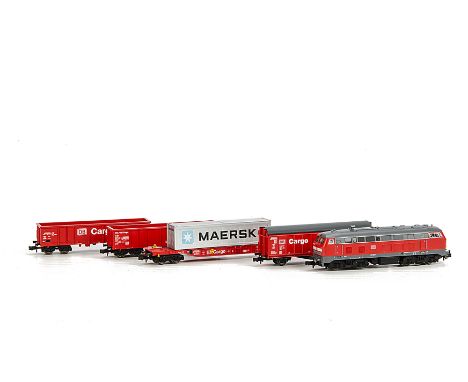 Fleischmann N Gauge DB 'Cargo' Train, including Bo-Bo diesel locomotive 218 301-0 and four freight stock, all in red/grey 'DB