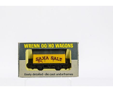 Wrenn 00 Gauge Wagons, W4660P Brown 'Twinings' 5 Plank  Wagon and W4665P 'Saxa' Salt Wagons x 3 in both dark and light orange