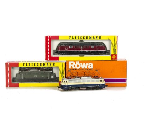 Fleischman and Rowa H0 Gauge Locomotives, Fleischmann 1336 DB green  E44 056 twin Pantograph Electric Locomotive, 1384 DB mar
