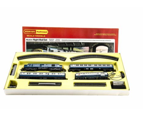 An early Hornby Railways 00 Gauge RS604 Night Mail Set, comprising BR blue D6830  Diesel Locomotive, Mail Coach, Sleeping Car